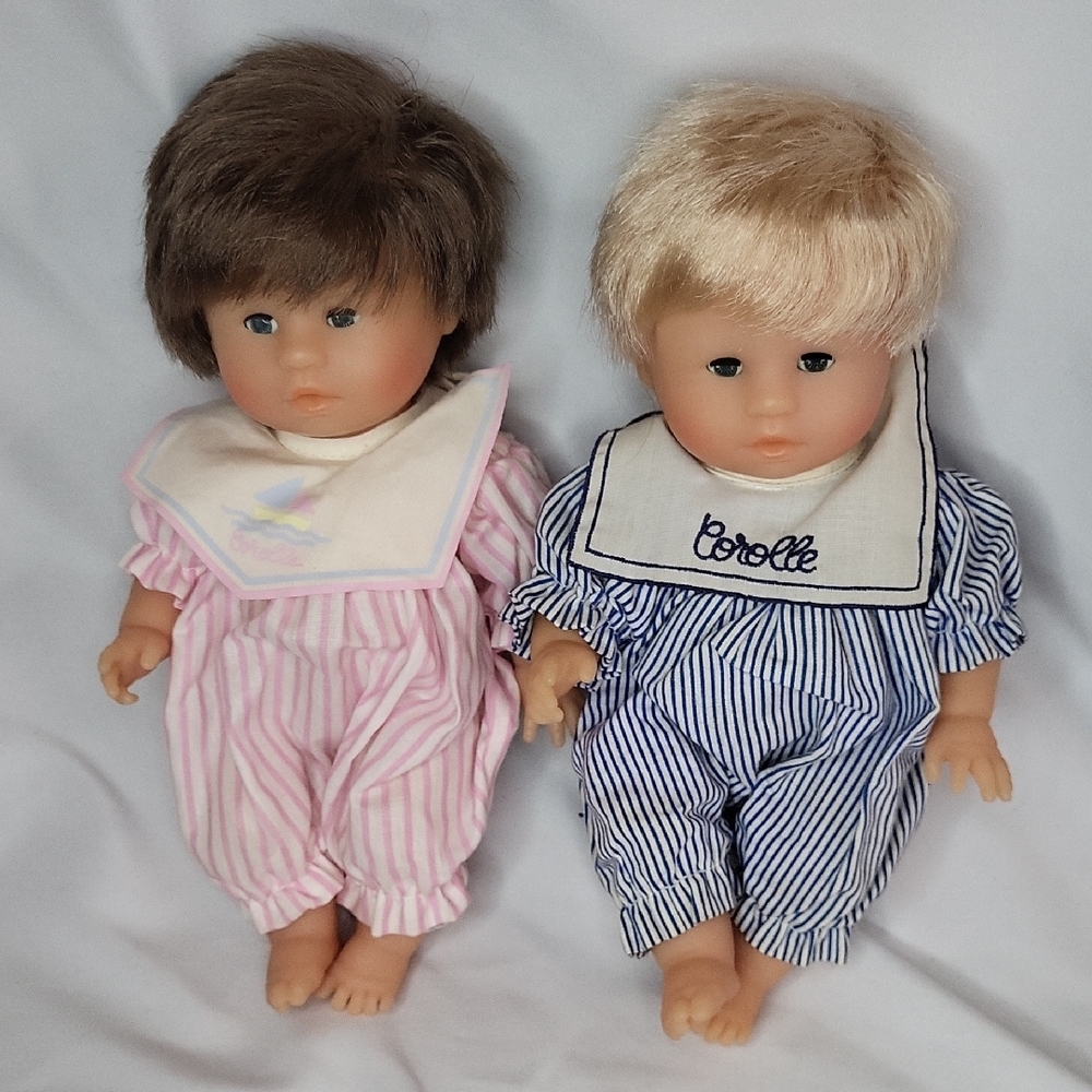 Corolle Twin Baby Dolls in Striped Outfits Vintage 90s Vinyl Open close eyes